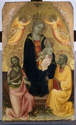 Thronende Madonna mit Kind, gekrönt von zwei Engeln, Johannes dem Täufer und dem Apostel Petrus